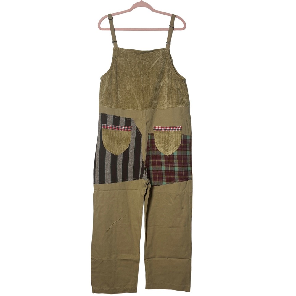 Easel Los Angeles Tan Corduroy Patchwork Overalls Boho 100% Cotton Womens Medium